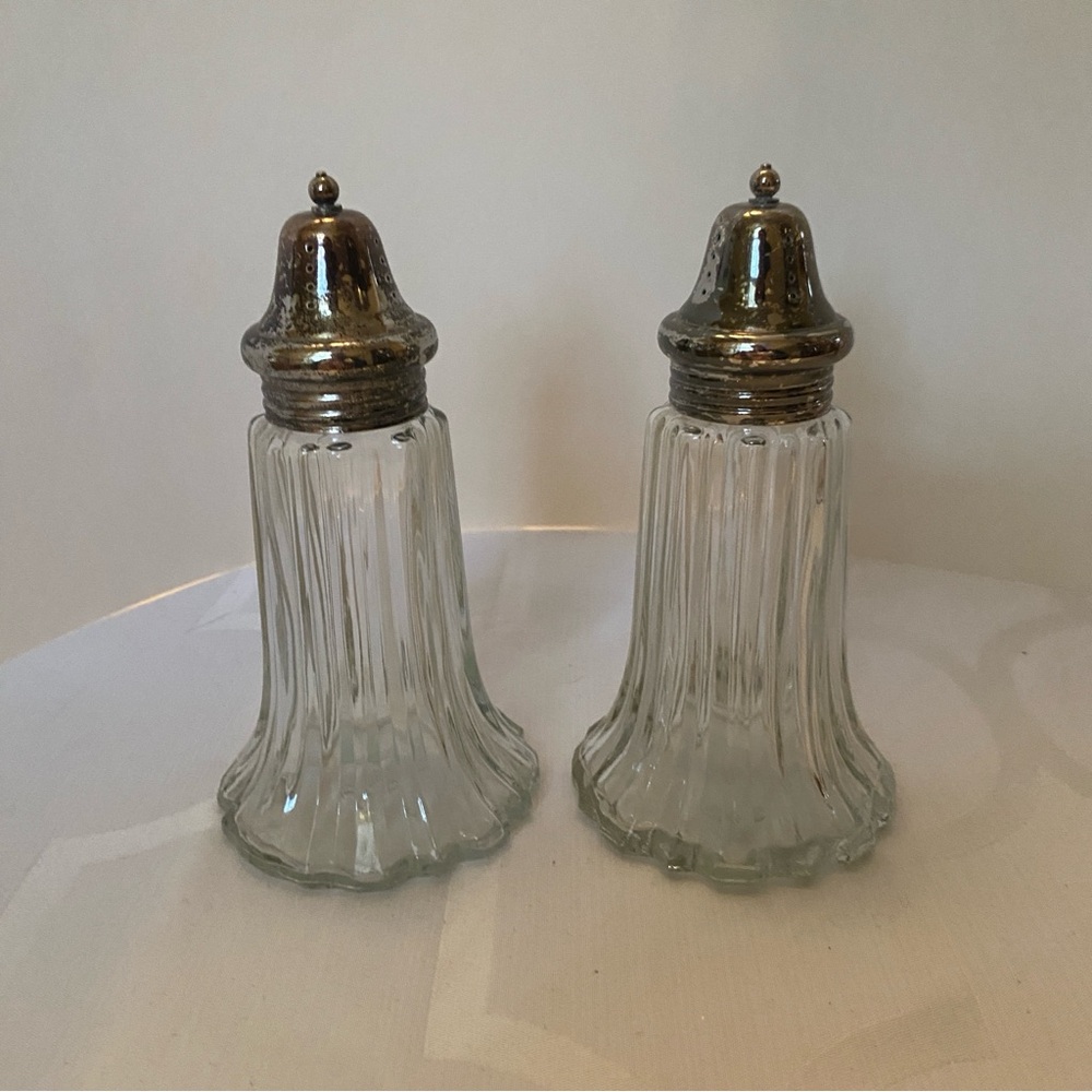 Vintage Japan Glass Salt/Pepper or Sugar Shakers, Silver Plated, Pair